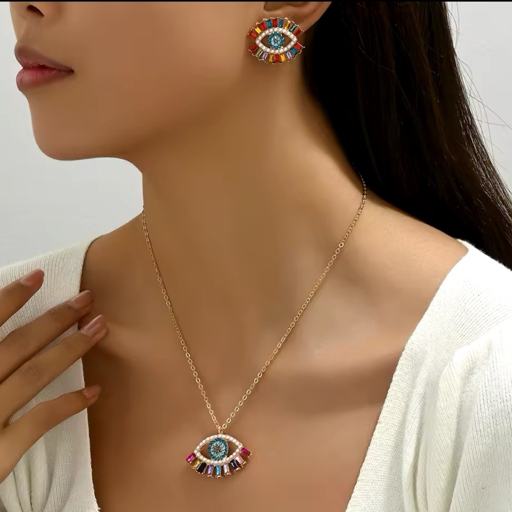 Aline - 2 PCS Set Multi Color Luxury Crystal Evil Eye Necklace And Earrings